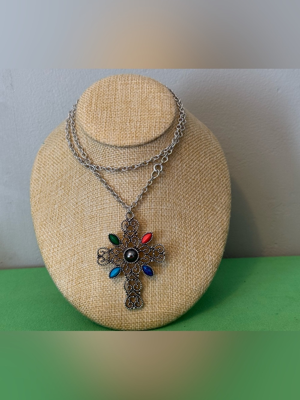 Sarah Coventry Multicolor Stone Filigree Cross Pendant Necklace - Women Jewelry